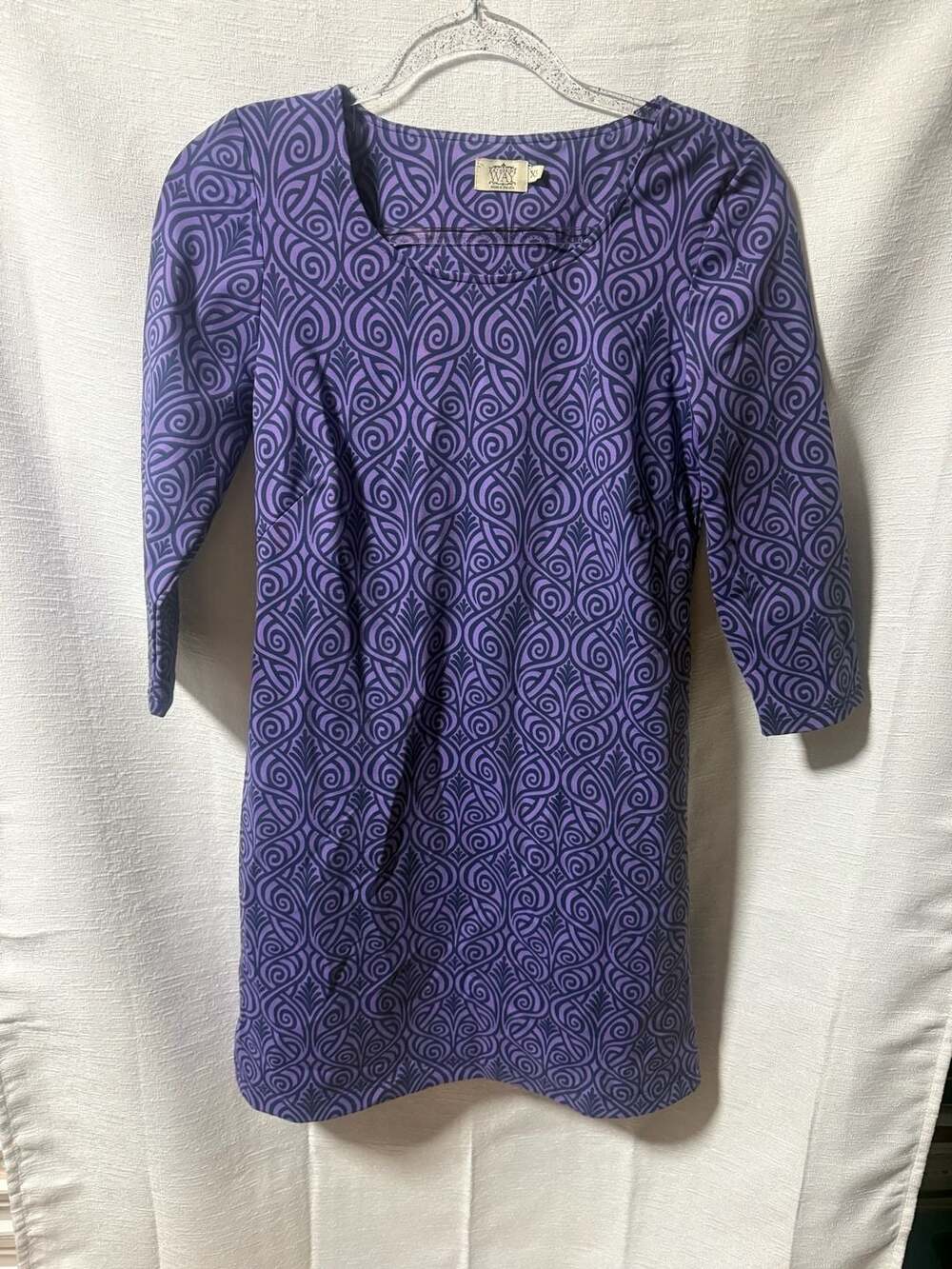 Katherine Way purple and black patterned scoop neck 3/4 sleeve dress